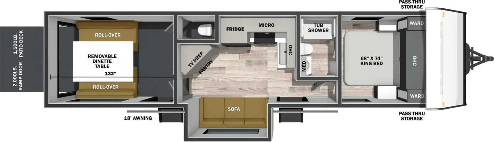 The XLR Boost 32BST floorplan is a toy hauler that has two entries and one slide out. Exterior features include: metal exterior and 18' awning. Interiors features include: front bedroom and bathroom and a half.
