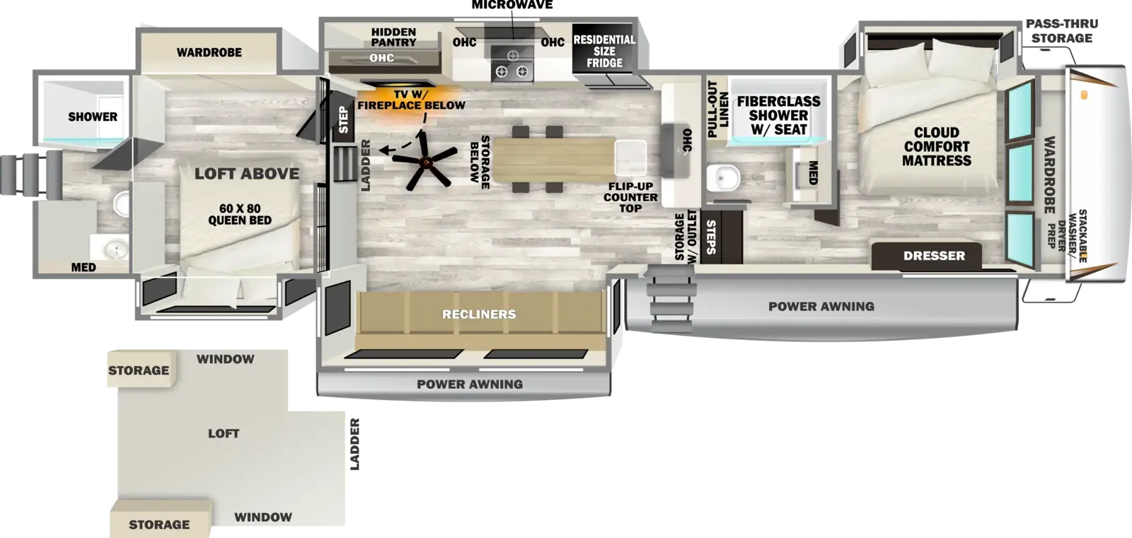 The Sabre 36DBB floorplan has one entry and five slide outs. Exterior features include: fiberglass exterior and 10'6" & 16' awning. Interiors features include: loft, kitchen island, front bedroom, rear bathroom and two full bathrooms.