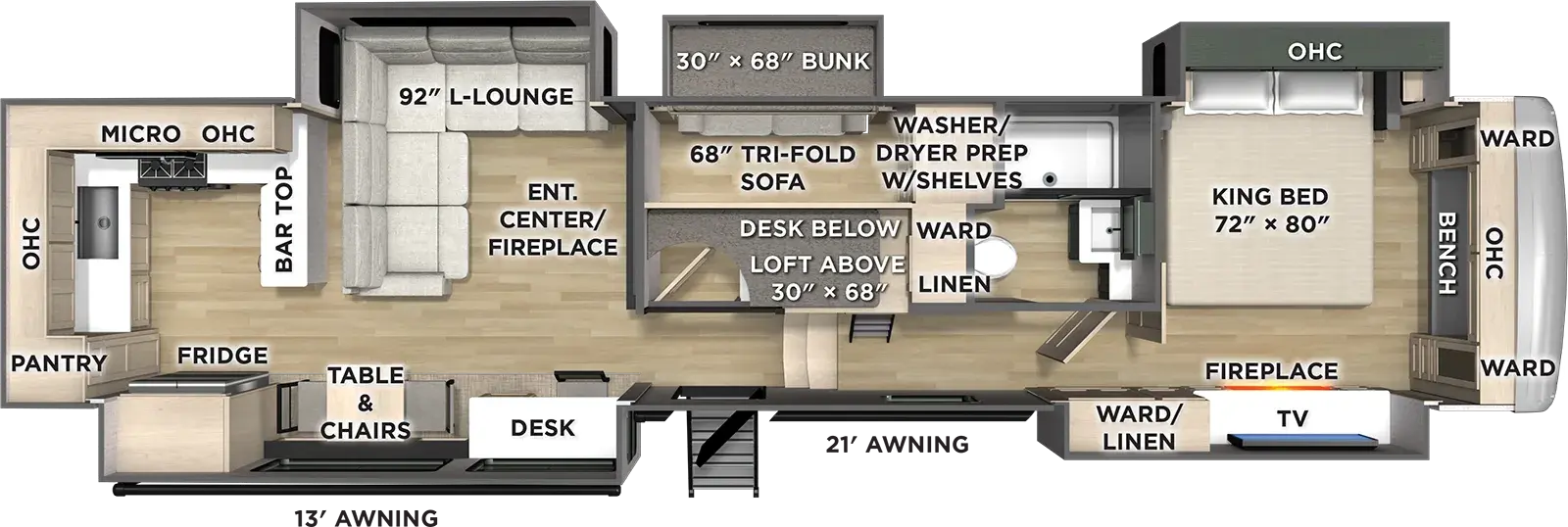 The Columbus 379MBL floorplan has one entry and five slide outs. Exterior features include: fiberglass exterior and 13' & 21' awning. Interiors features include: bunk beds, loft, rear kitchen, free-standing dinette option and front bedroom.