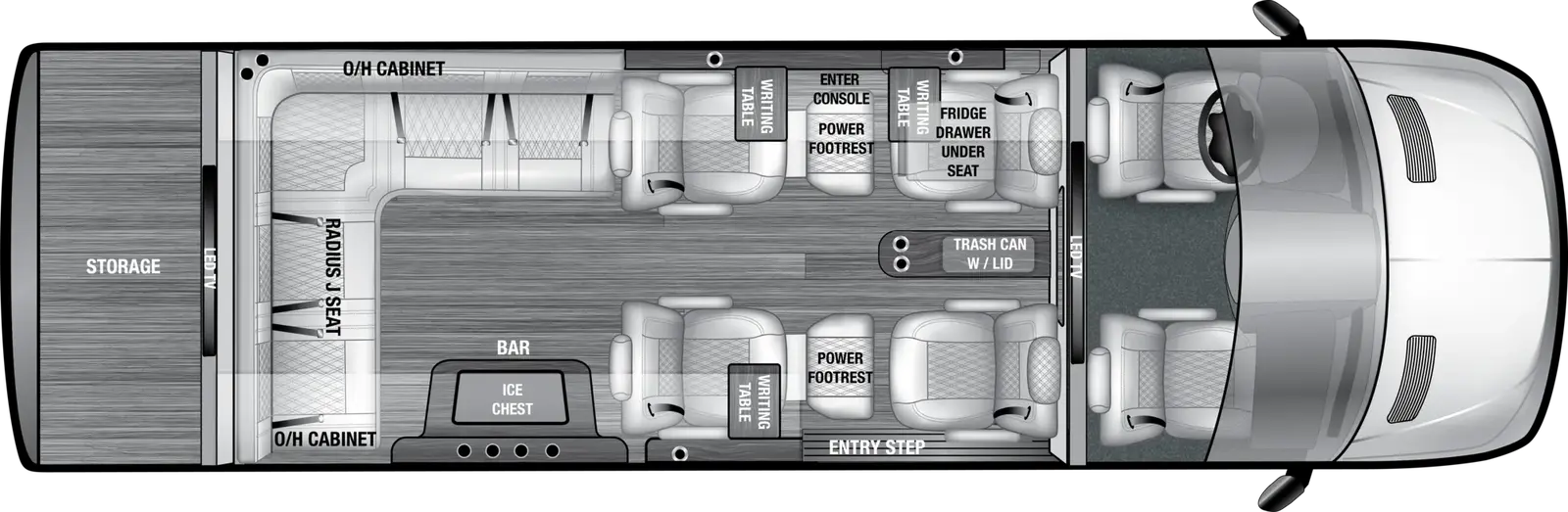The VDRIVE 10RJ floorplan has one entry and zero slide outs. Exterior features include: 8' 2" awning. Interiors features include: captain chairs.