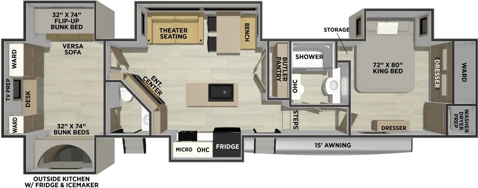 Sandpiper Fifth Wheels 3844QUAD Floorplan