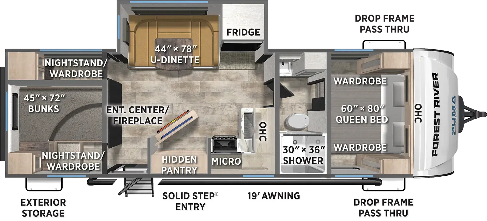The Puma Tracks 2750BHS floorplan has one entry and one slide out. Exterior features include: fiberglass exterior and 19' awning. Interiors features include: bunk beds, u-dinette, front bedroom and pass through bathroom.