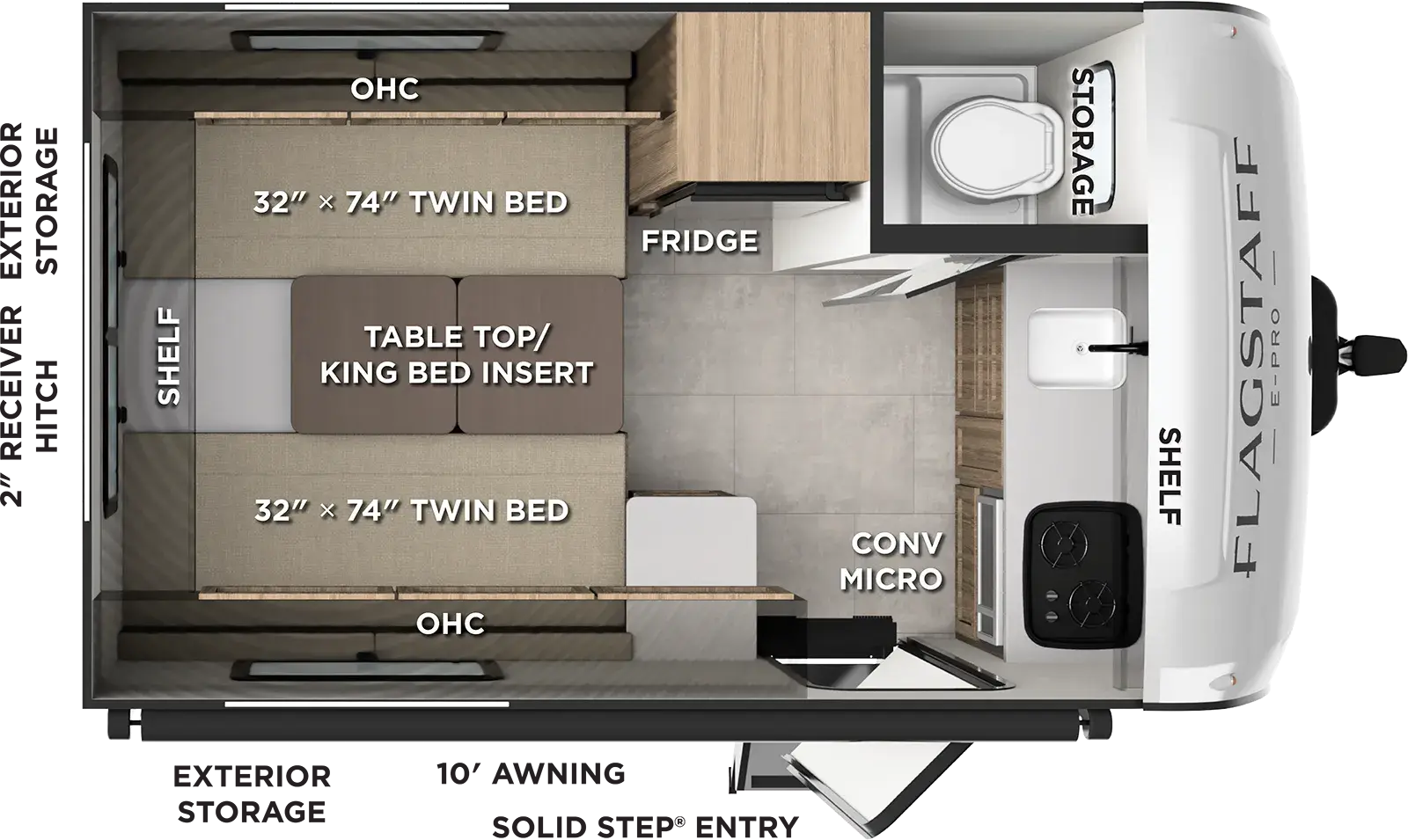 The Flagstaff E-Pro E151TLE floorplan has one entry and zero slide outs. Exterior features include: fiberglass exterior and 10' awning. Interiors features include: rear bedroom.