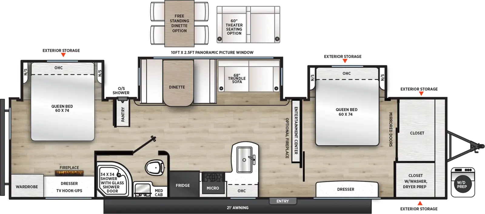 Aurora 34BHTS (2 Queen Beds) Floorplan