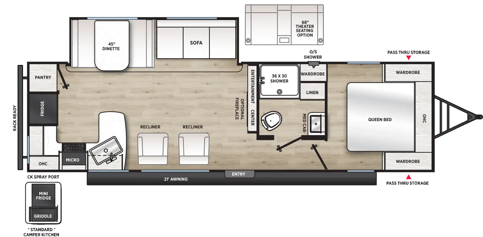 The Viking Travel Trailers 28RKS floorplan has one entry and one slide out. Exterior features include: metal exterior, 21' awning and outside kitchen. Interiors features include: rear kitchen and front bedroom.