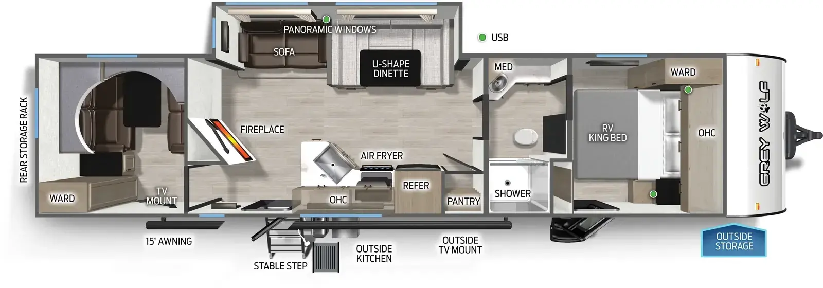 The Cherokee Black Label 29NMBL floorplan has two entries and one slide out. Exterior features include: fiberglass exterior, 15' awning and outside kitchen. Interiors features include: bunk beds, u-dinette, front bedroom and pass through bathroom.