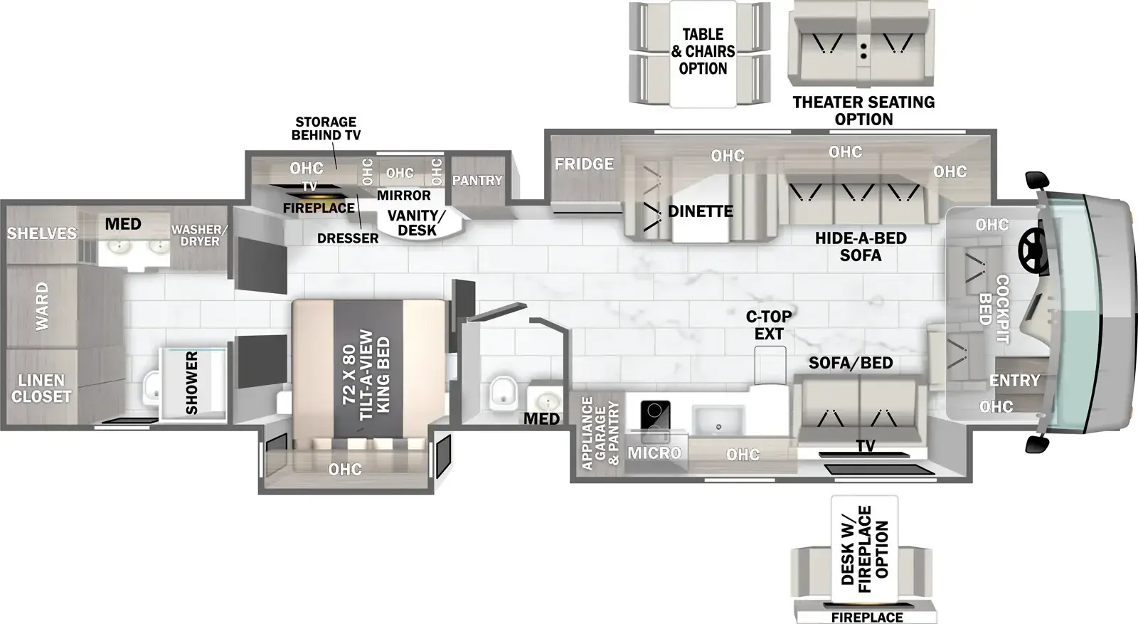 The Berkshire XLT 45G floorplan has one entry and four slide outs. Interiors features include: free-standing dinette option, rear bathroom, bathroom and a half, bunk over cab, desk and dinette.