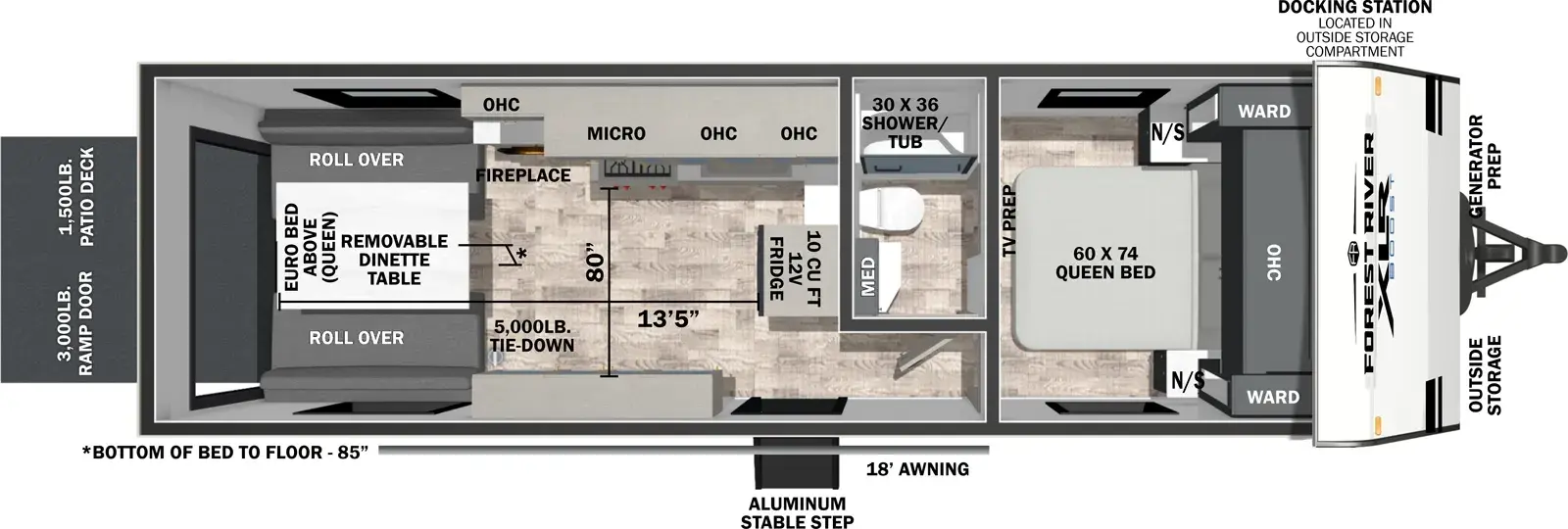 The XLR Boost 2413B floorplan is a toy hauler that has one entry and zero slide outs. Exterior features include: fiberglass exterior and 18' awning. Interiors features include: front bedroom.