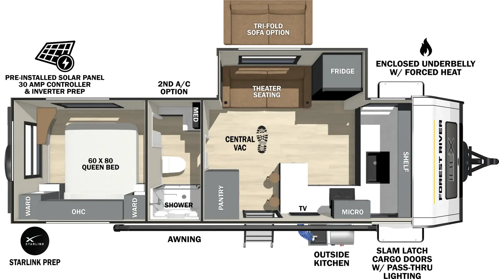 The Ibex 20FKDS floorplan has one entry and one slide out. Exterior features include: fiberglass exterior and 19' awning. Interiors features include: front kitchen, rear bedroom and pass through bathroom.