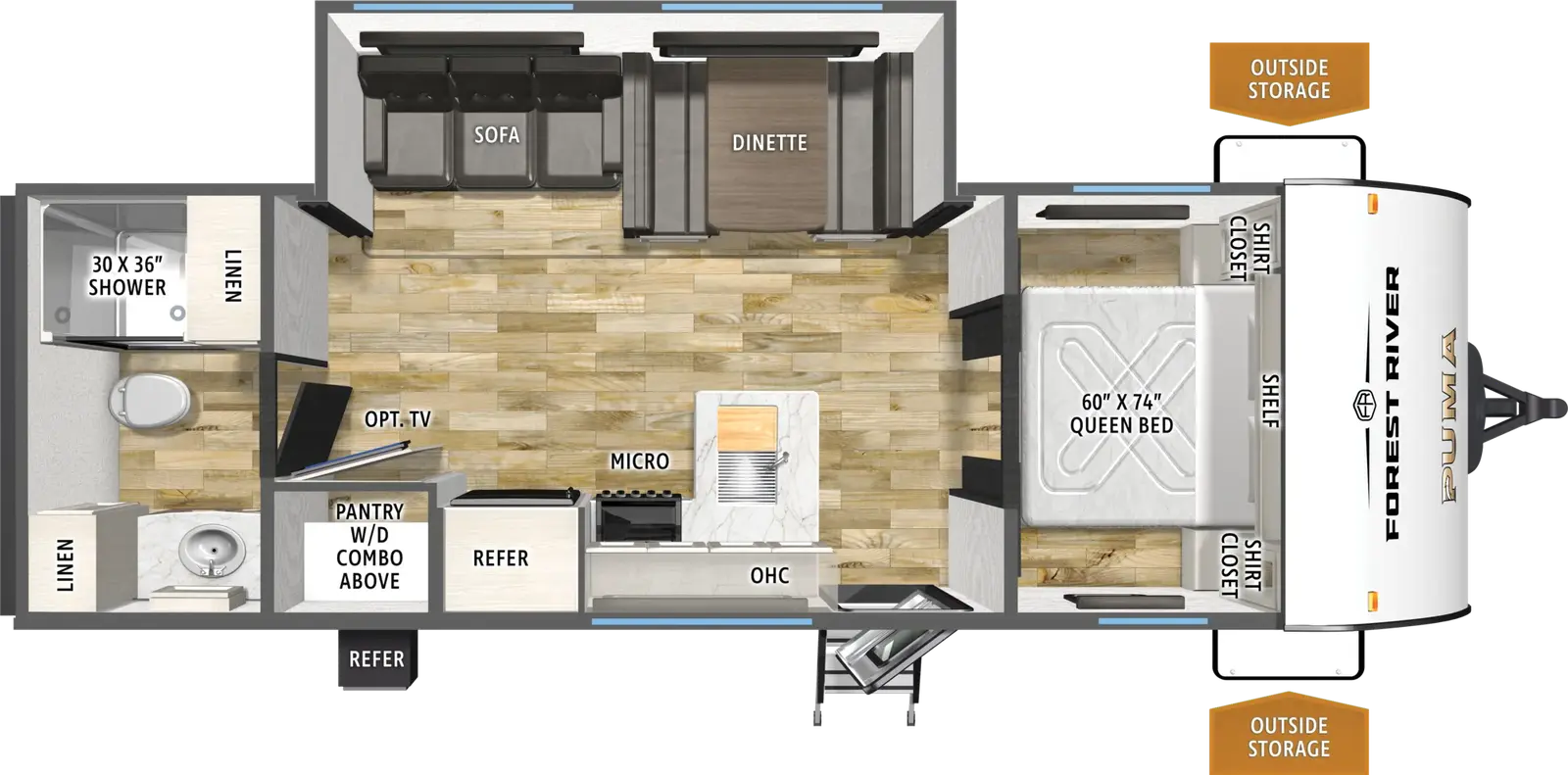 The Puma Camping Edition 250RBCE floorplan has one entry and one slide out. Exterior features include: metal exterior and 15' awning. Interiors features include: front bedroom and rear bathroom.