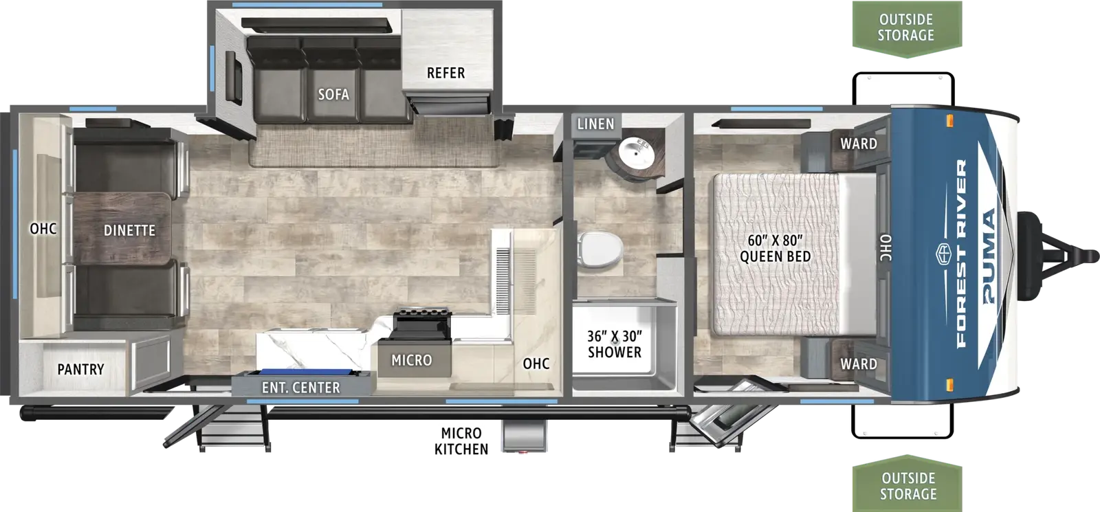 The Puma 271RL floorplan has two entries and one slide out. Exterior features include: metal exterior and outside kitchen. Interiors features include: front bedroom and pass through bathroom.