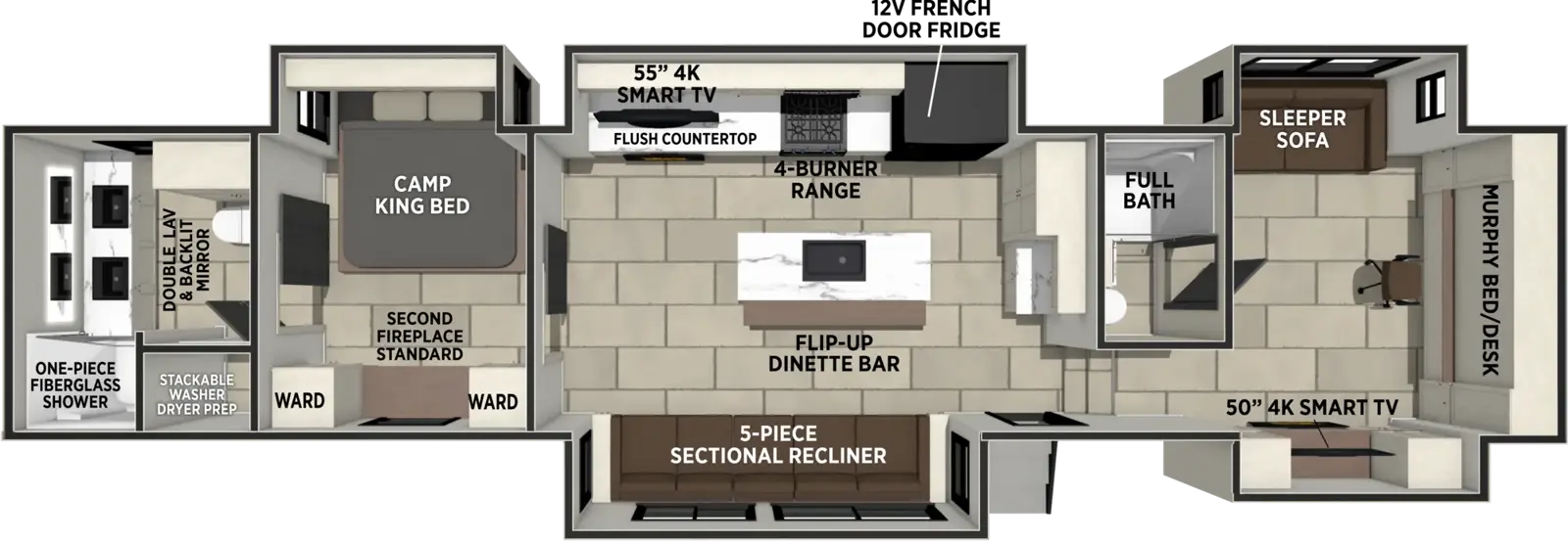 The Sanibel 39HYBRID floorplan has one entry and five slide outs. Exterior features include: fiberglass exterior. Interiors features include: kitchen island, murphy bed, front living, rear bathroom, two full bathrooms and bathroom and a half.