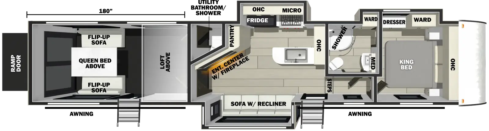 The Vengeance Rogue Armored 383G2 floorplan is a toy hauler that has two entries and three slide outs. Exterior features include: fiberglass exterior and 12' & 18' awning. Interiors features include: loft, front bedroom and bathroom and a half.