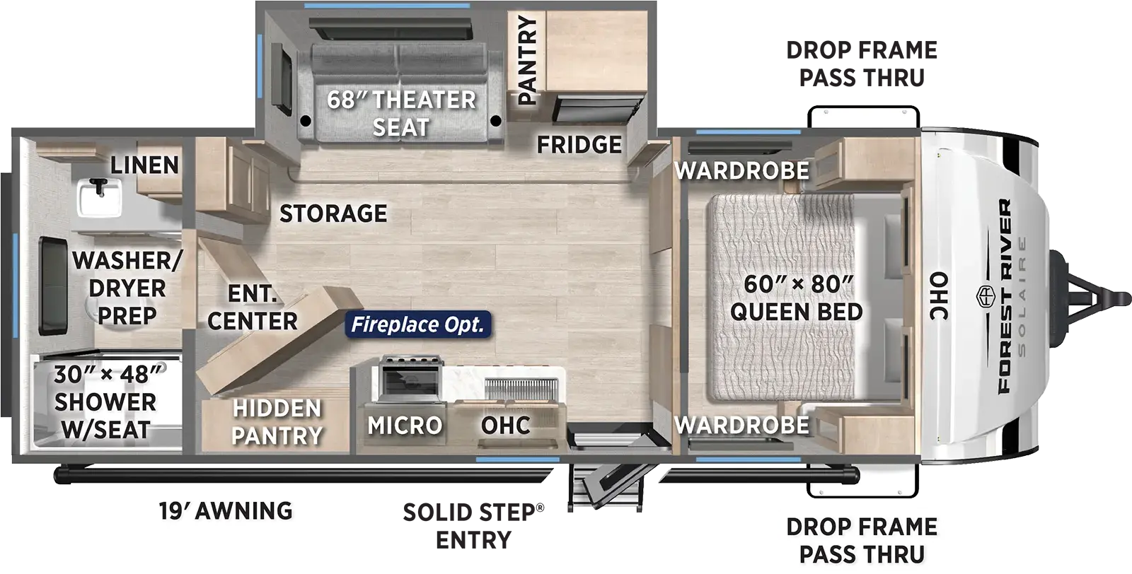 The SolAire Ultra Lite 2420RBS floorplan has one entry and one slide out. Exterior features include: fiberglass exterior and 19' awning. Interiors features include: front bedroom and rear bathroom.