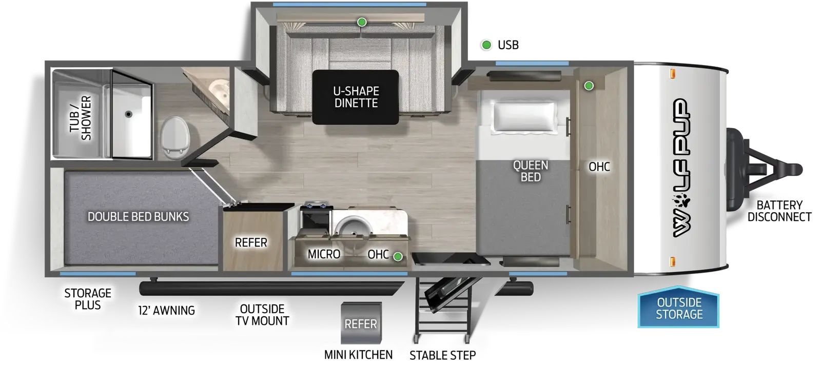 The Wolf Pup 17JW floorplan has one entry and one slide out. Exterior features include: metal exterior, 12' awning and outside kitchen. Interiors features include: bunk beds, u-dinette and front bedroom.