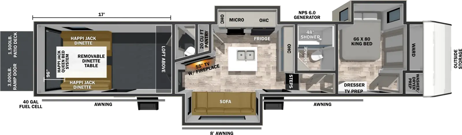 The XLR Nitro 40G17 floorplan is a toy hauler that has two entries and three slide outs. Exterior features include: fiberglass exterior. Interiors features include: kitchen island, front bedroom and bathroom and a half.