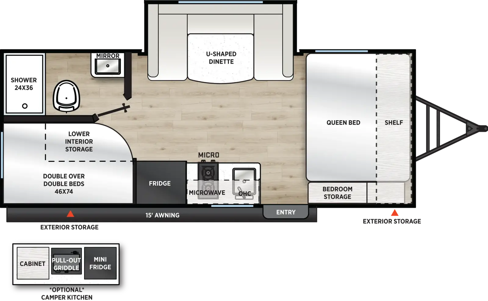 The Viking Travel Trailers 18DBS floorplan has one entry and one slide out. Exterior features include: metal exterior, 9' awning and outside kitchen. Interiors features include: bunk beds, u-dinette and front bedroom.