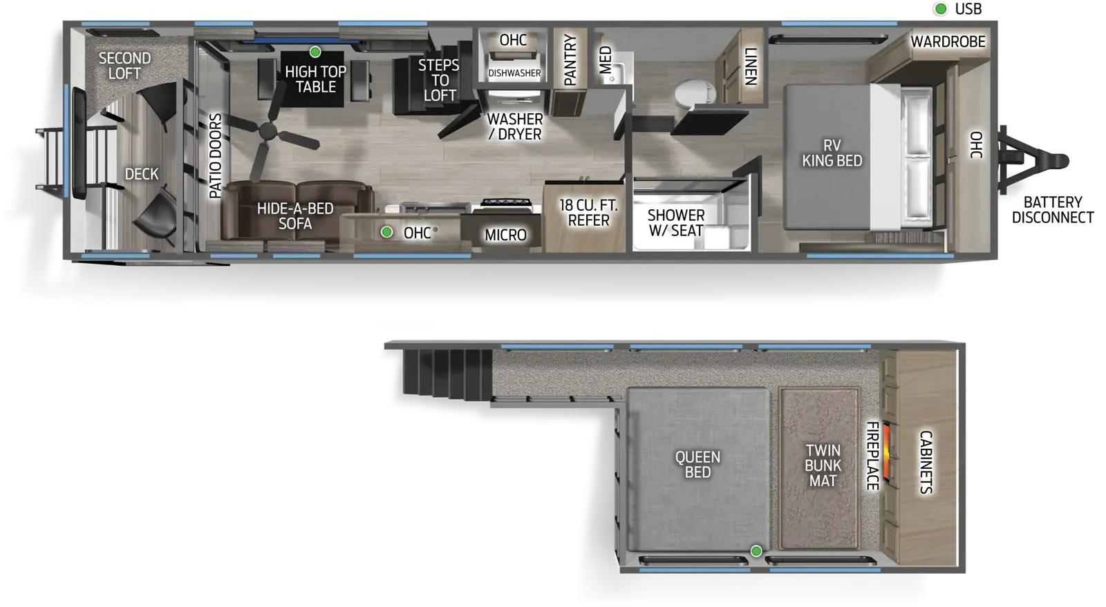 The Cascade 201OGC floorplan has one entry and zero slide outs. Exterior features include: metal exterior. Interiors features include: loft, front bedroom and rear living.