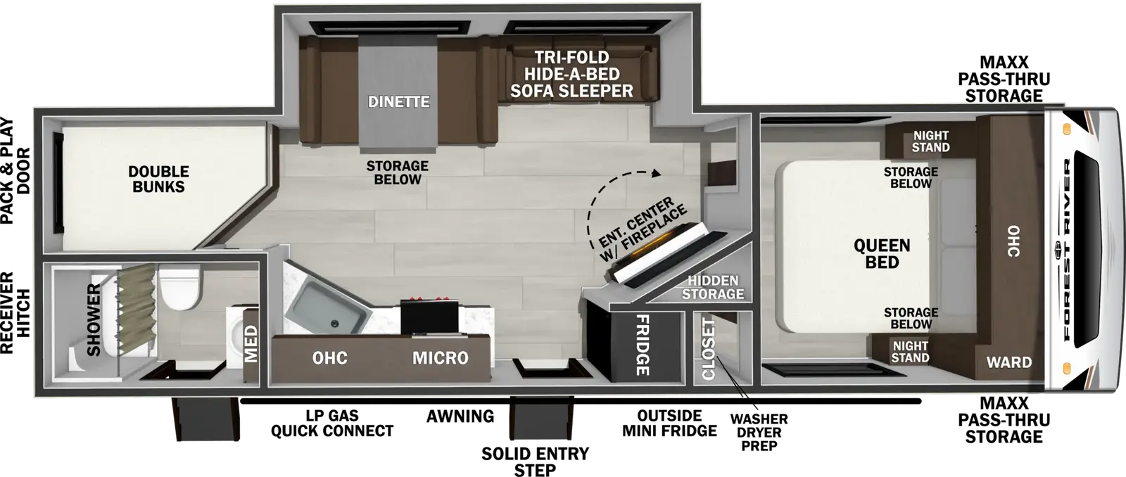 The Wildcat Travel Trailers 262DBEDS floorplan has two entries and one slide out. Exterior features include: fiberglass exterior. Interiors features include: bunk beds and front bedroom.