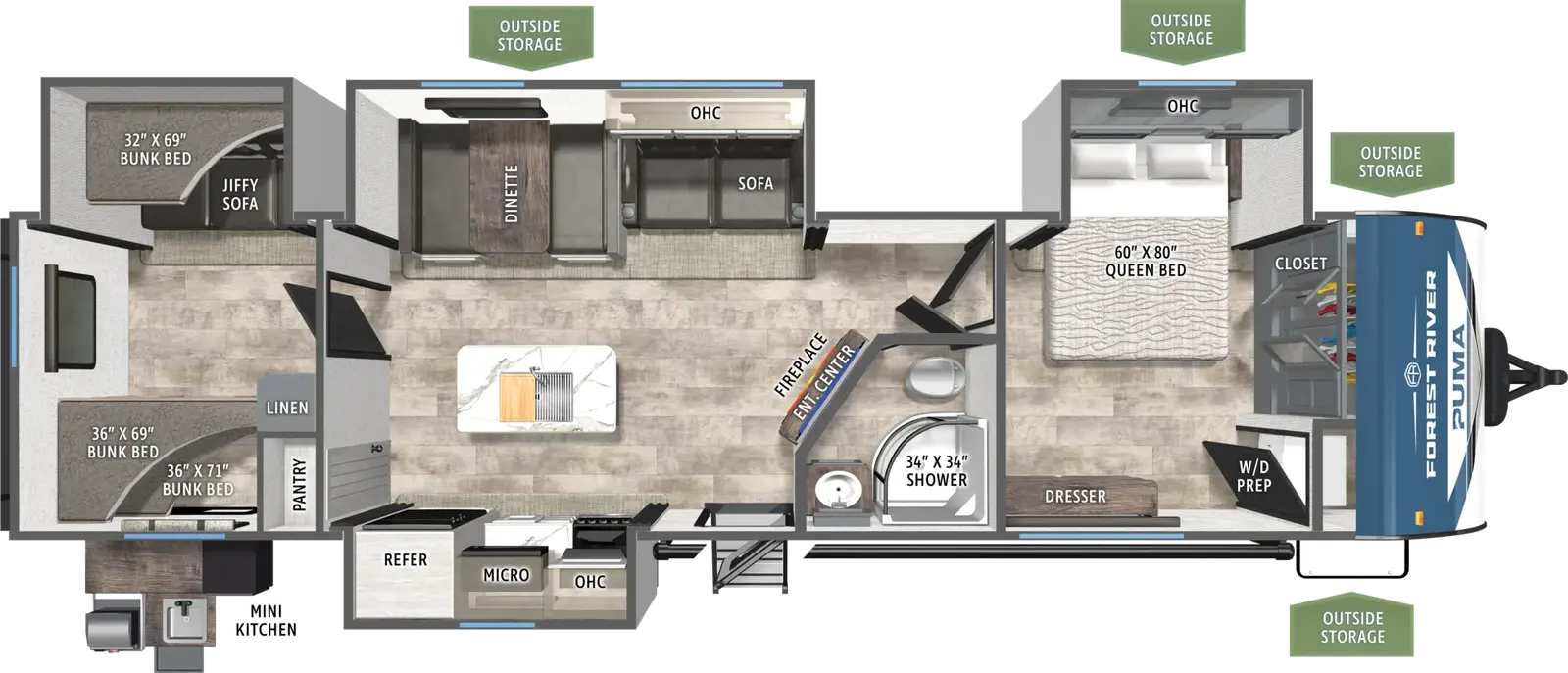 The Puma 32BHFS floorplan has one entry and four slide outs. Exterior features include: metal exterior, 21' awning and outside kitchen. Interiors features include: bunk beds, kitchen island and front bedroom.