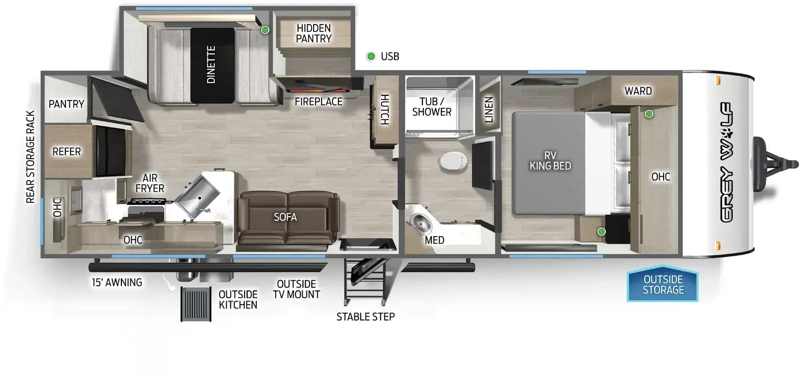 The Cherokee Black Label 26SSBL floorplan has one entry and one slide out. Exterior features include: fiberglass exterior, 15' awning and outside kitchen. Interiors features include: bunk beds, u-dinette and front bedroom.