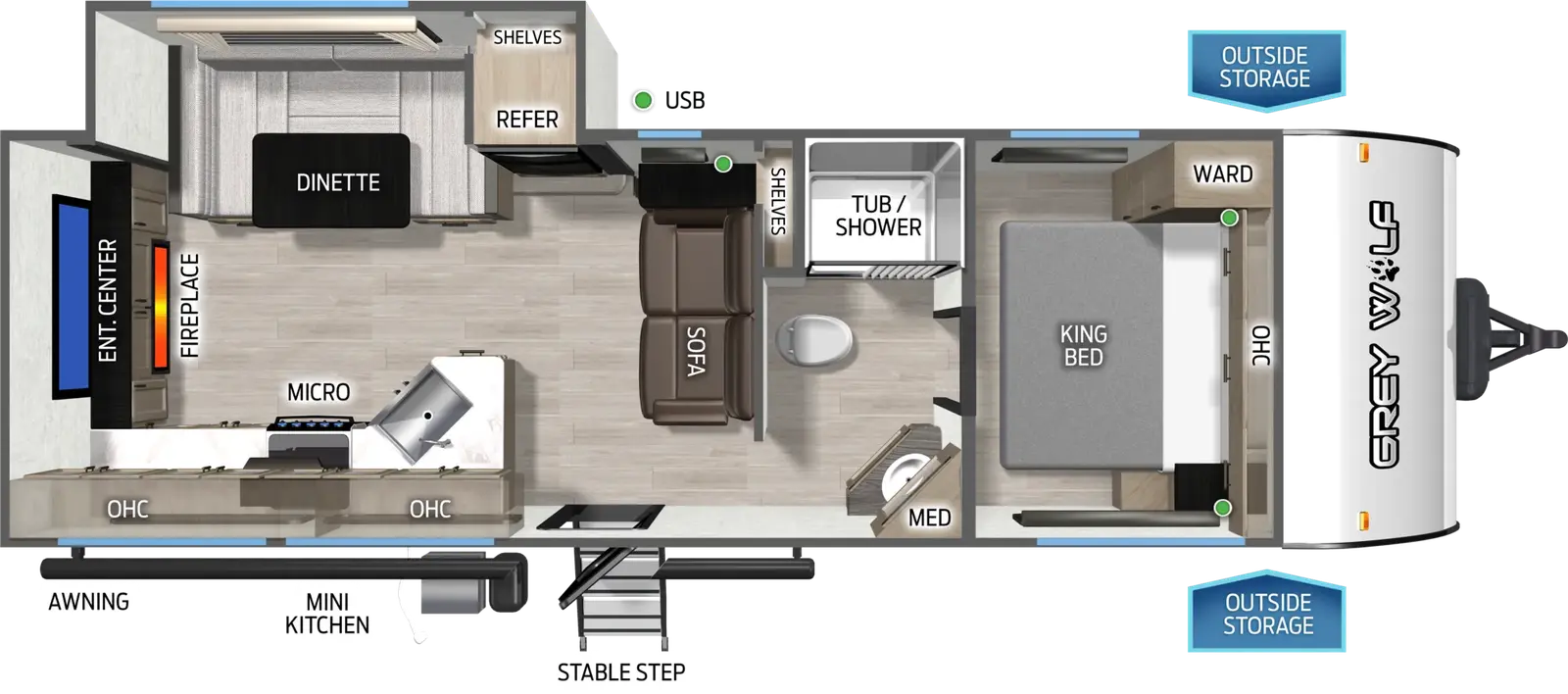The Grey Wolf 24RE floorplan has one entry and one slide out. Exterior features include: metal exterior and outside kitchen. Interiors features include: u-dinette, front bedroom and pass through bathroom.
