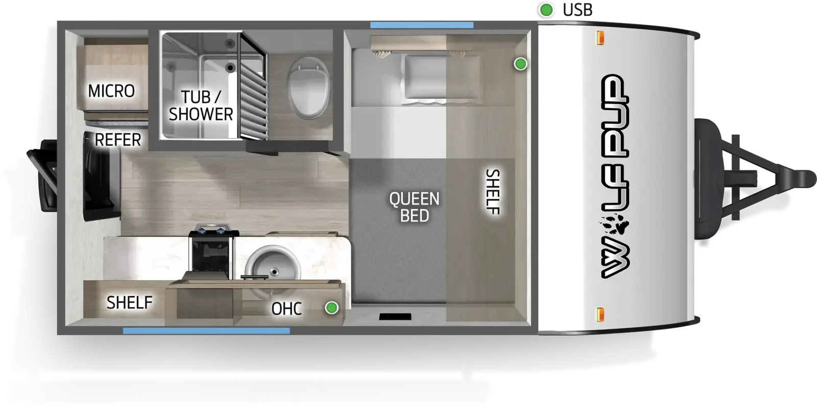 The Wolf Pup 12SBLP floorplan has one entry and zero slide outs. Exterior features include: metal exterior and N/A awning. Interiors features include: front bedroom.