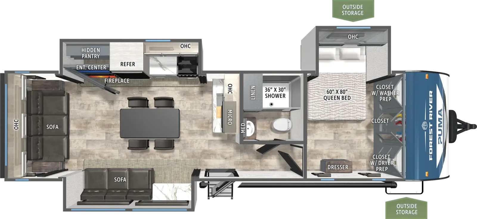 The Puma 311RL floorplan has one entry and three slide outs. Exterior features include: metal exterior. Interiors features include: kitchen island, front bedroom and rear living.