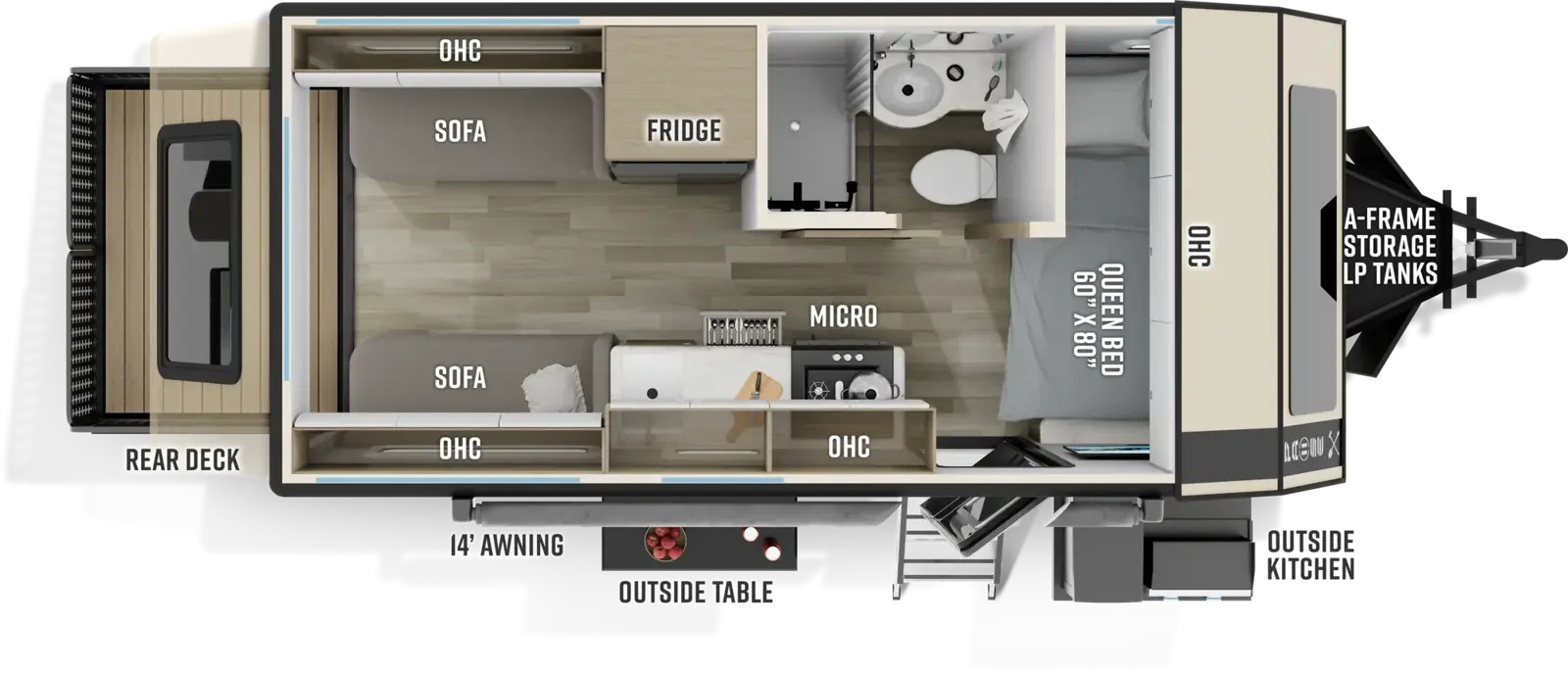 The Pause 17.4 floorplan has one entry and zero slide outs. Exterior features include: fiberglass exterior, 14' awning and outside kitchen. Interiors features include: front bedroom.