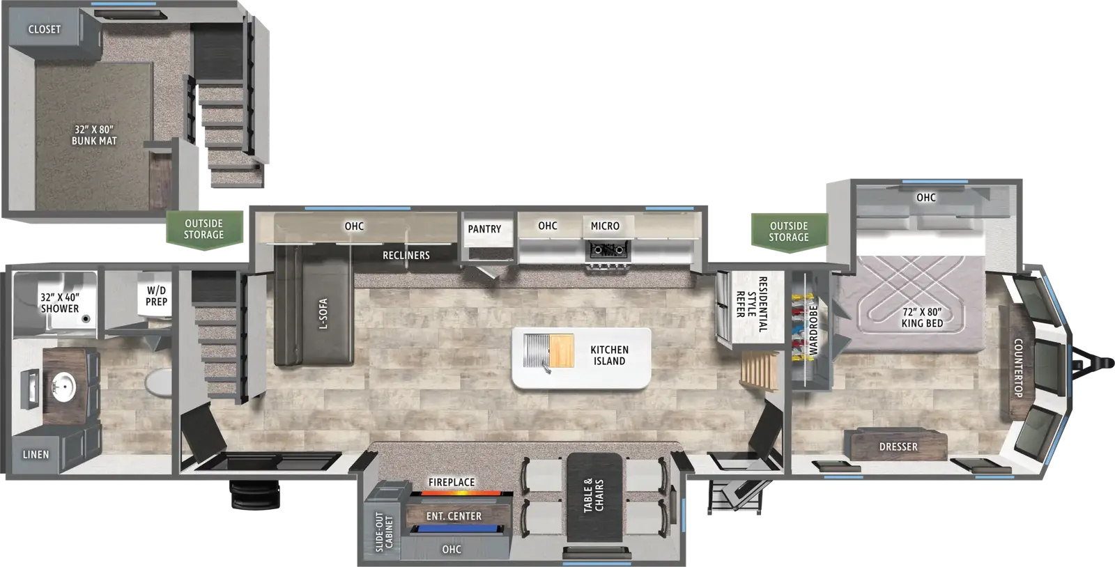 The Puma Vista 424LFT floorplan has two entries and three slide outs. Exterior features include: metal exterior. Interiors features include: loft, kitchen island, free-standing dinette option, front bedroom and rear bathroom.