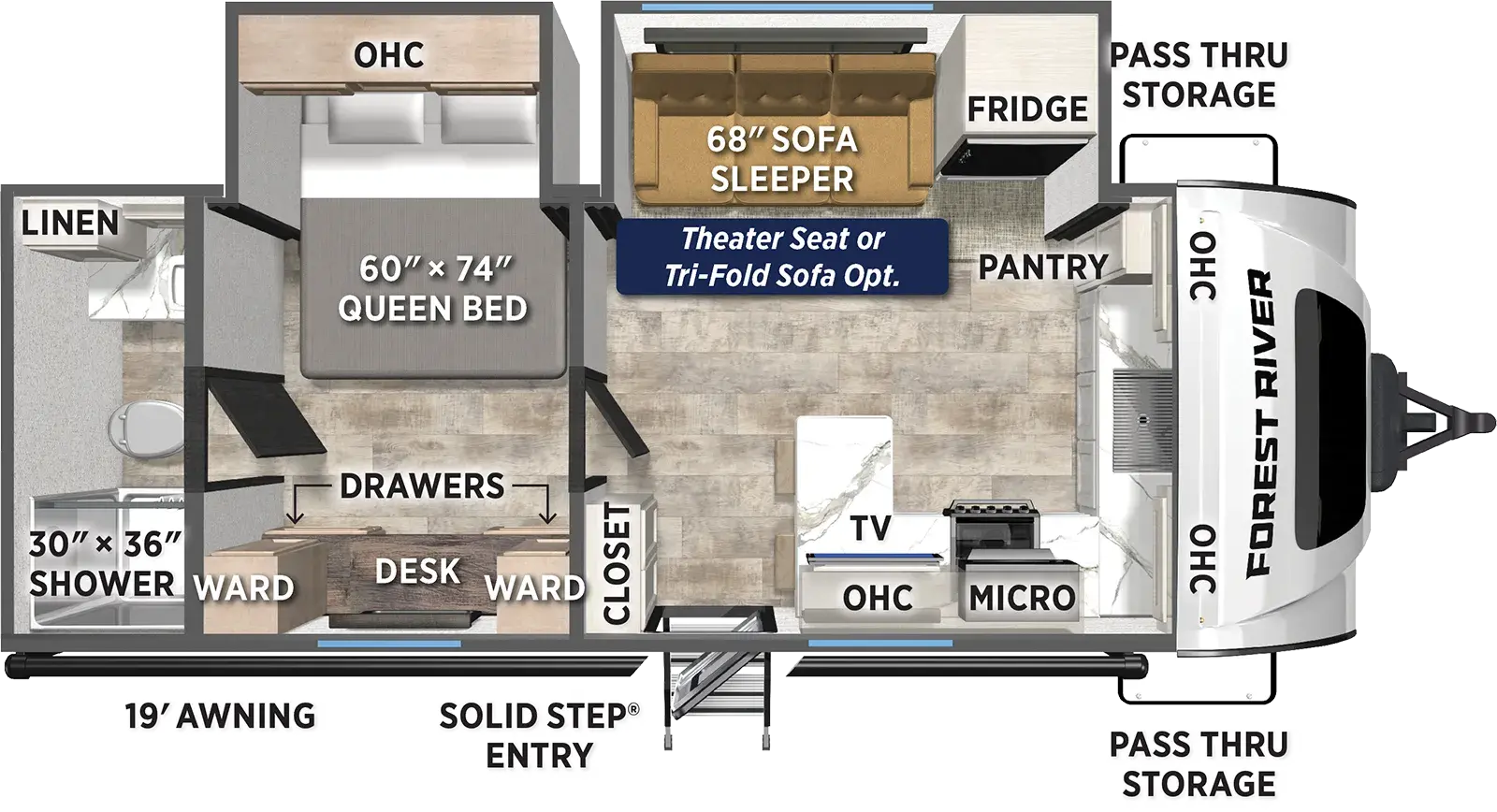 The Puma Tracks 239FKBS floorplan has one entry and two slide outs. Exterior features include: fiberglass exterior and 19' awning. Interiors features include: front kitchen and rear bathroom.