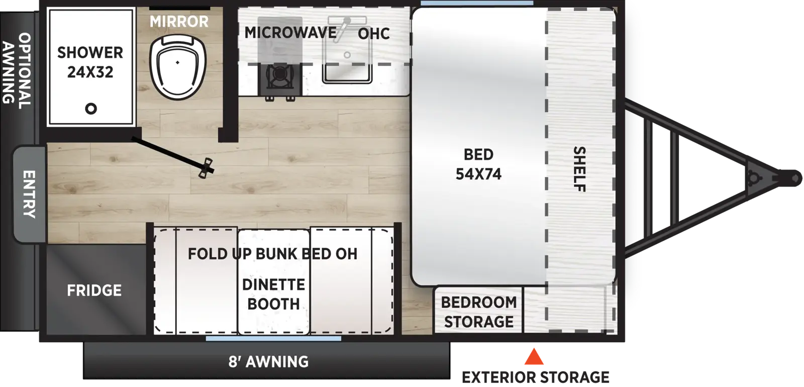 The Viking Travel Trailers 12REX floorplan has one entry and zero slide outs. Exterior features include: metal exterior and 8' & Optional Rear awning. Interiors features include: front bedroom.