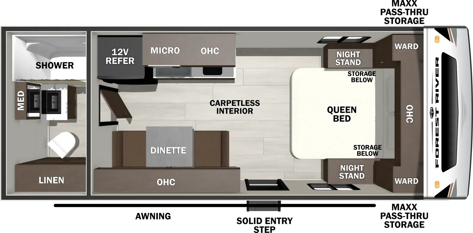 The Wildcat Travel Trailers 160BATH floorplan has one entry and one slide out. Exterior features include: fiberglass exterior and 12' awning. Interiors features include: front bedroom and rear bathroom.