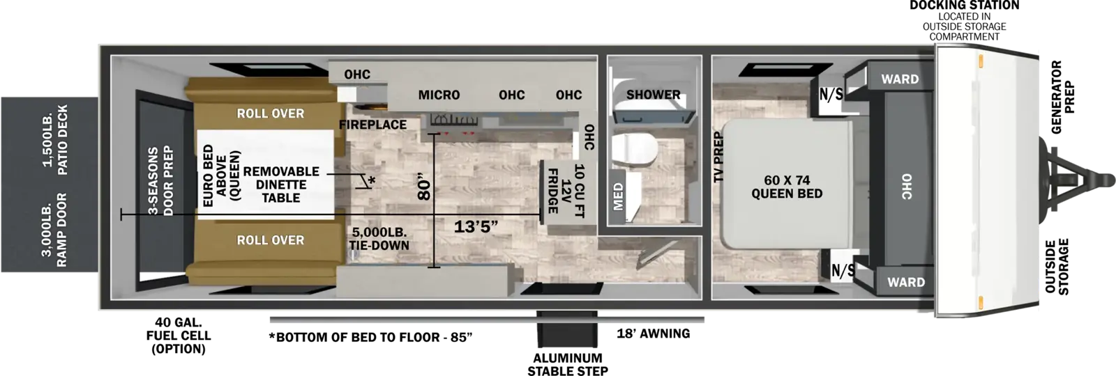 The XLR Boost 2413B floorplan is a toy hauler that has one entry and zero slide outs. Exterior features include: fiberglass exterior and 18' awning. Interiors features include: front bedroom.