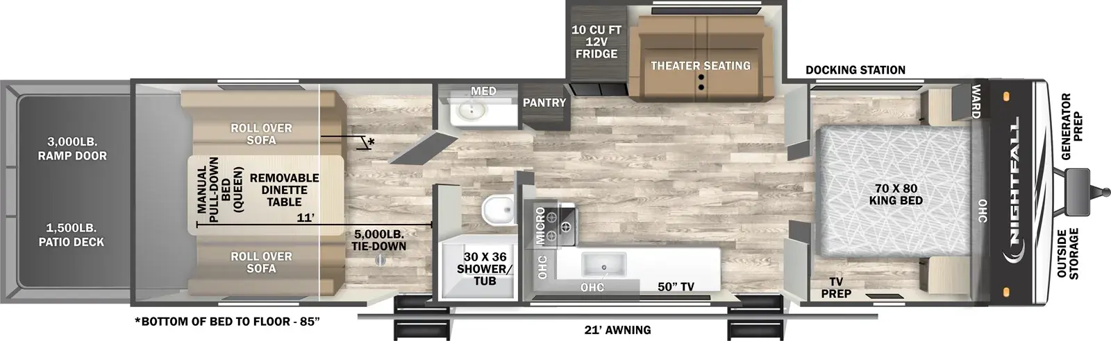 The Nightfall 29N floorplan is a toy hauler that has two entries and one slide out. Exterior features include: fiberglass exterior and 21' awning. Interiors features include: front bedroom and pass through bathroom.