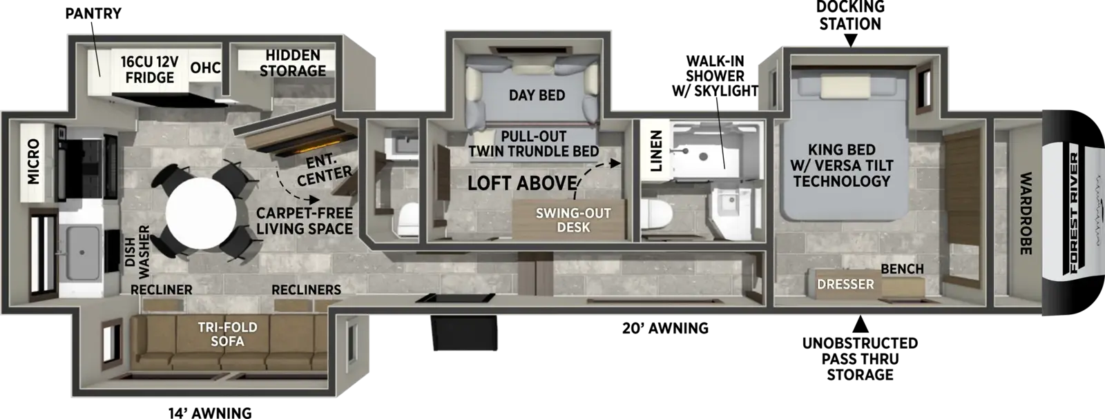The Impression 37MB2B floorplan has one entry and four slide outs. Exterior features include: fiberglass exterior and 14' & 20' awning. Interiors features include: loft, rear kitchen, kitchen island, front bedroom and bathroom and a half.