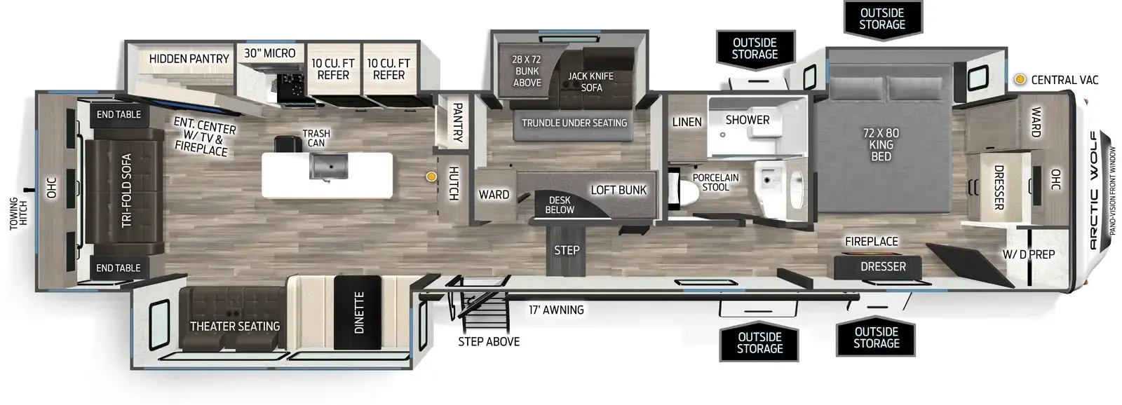 The 3650SUITE has four slideouts and one entry. Exterior features 17 foot awning, outside storage, step above entry steps, and rear towing hitch. Interior layout front to back: front sun bench with overhead cabinet, wardrobe and closet with washer/dryer prep, off-door side king bed slideout, and door side dresser with fireplace below; off-door side full bathroom with porcelain stool, medicine cabinet, and shower caddy; door side steps down to main living area and entry; off-door side mid bunk room with off-door side slideout with jackknife sofa with trundle bed below a bunk, and desk with bunk above along inner wall; kitchen counter with pull-out countertop extension, central vacuum, and overhead cabinet along inner wall; off-door side slideout with refrigerator, kitchen counter with cooktop, overhead cabinet with microwave, and entertainment center with fireplace and hidden pantry behind; kitchen island with sink, and trash can; door side slideout with dinette, and theater seating; rear tri-fold sofa with overhead cabinet, and panovision window.