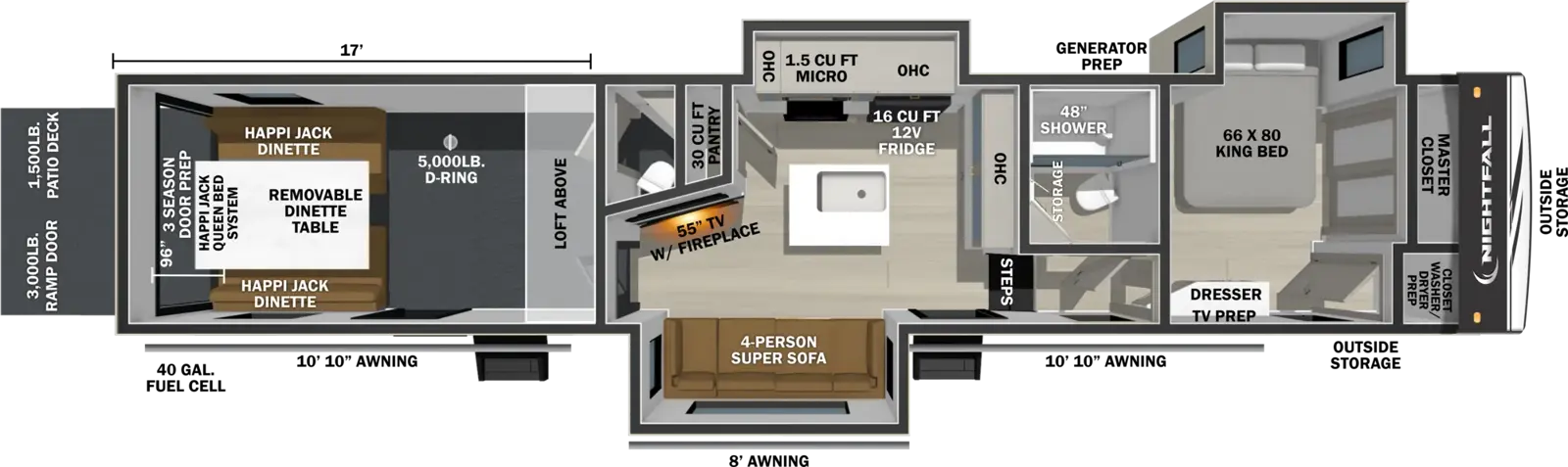 The Nightfall 397NHD floorplan is a toy hauler that has two entries and three slide outs. Exterior features include: fiberglass exterior, 10'10", 8' and 10'10" awning. Interiors features include: kitchen island, front bedroom and bathroom and a half.