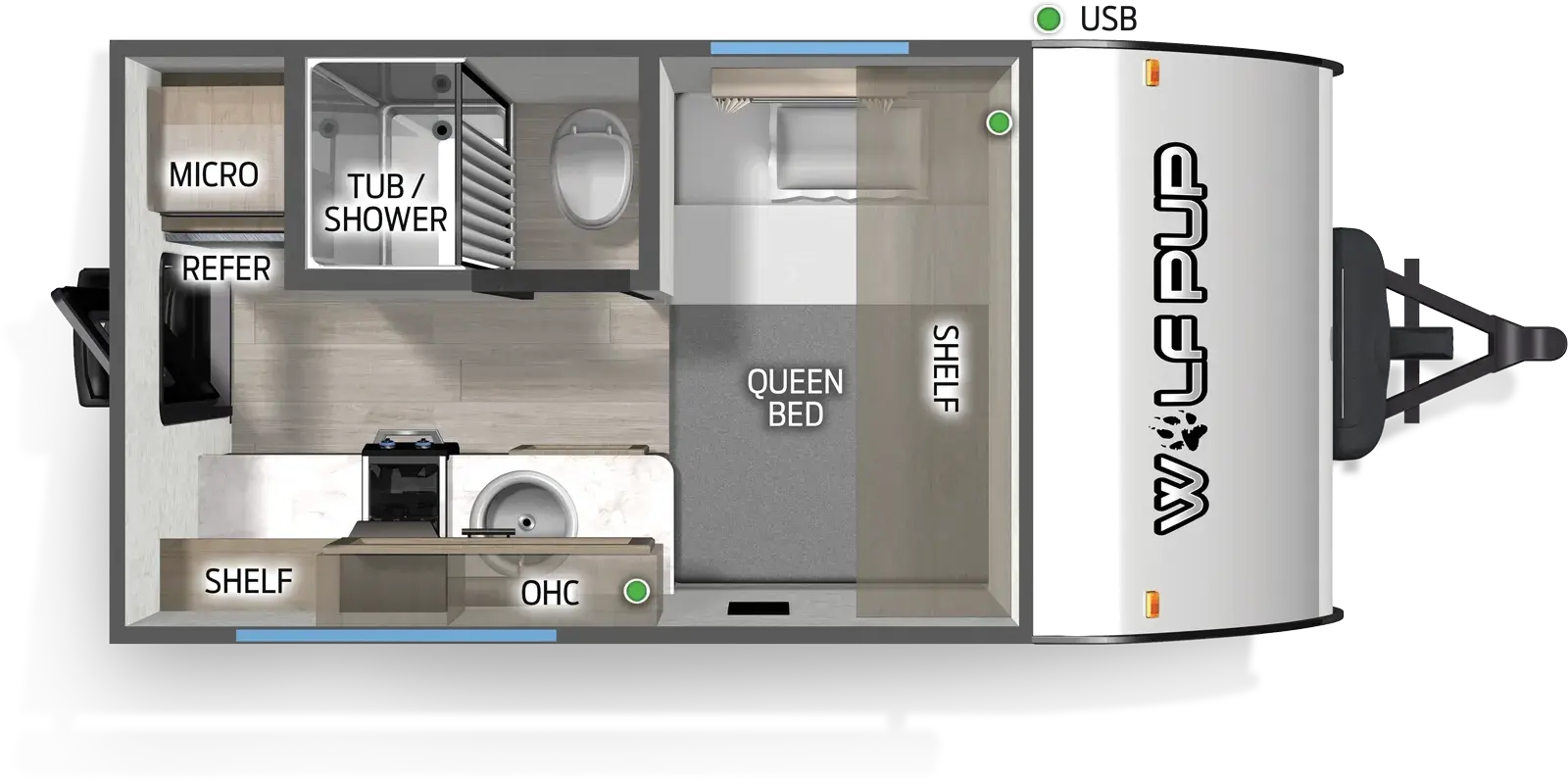 The Wolf Pup 12SBLP floorplan has one entry and zero slide outs. Exterior features include: metal exterior and N/A awning. Interiors features include: front bedroom.