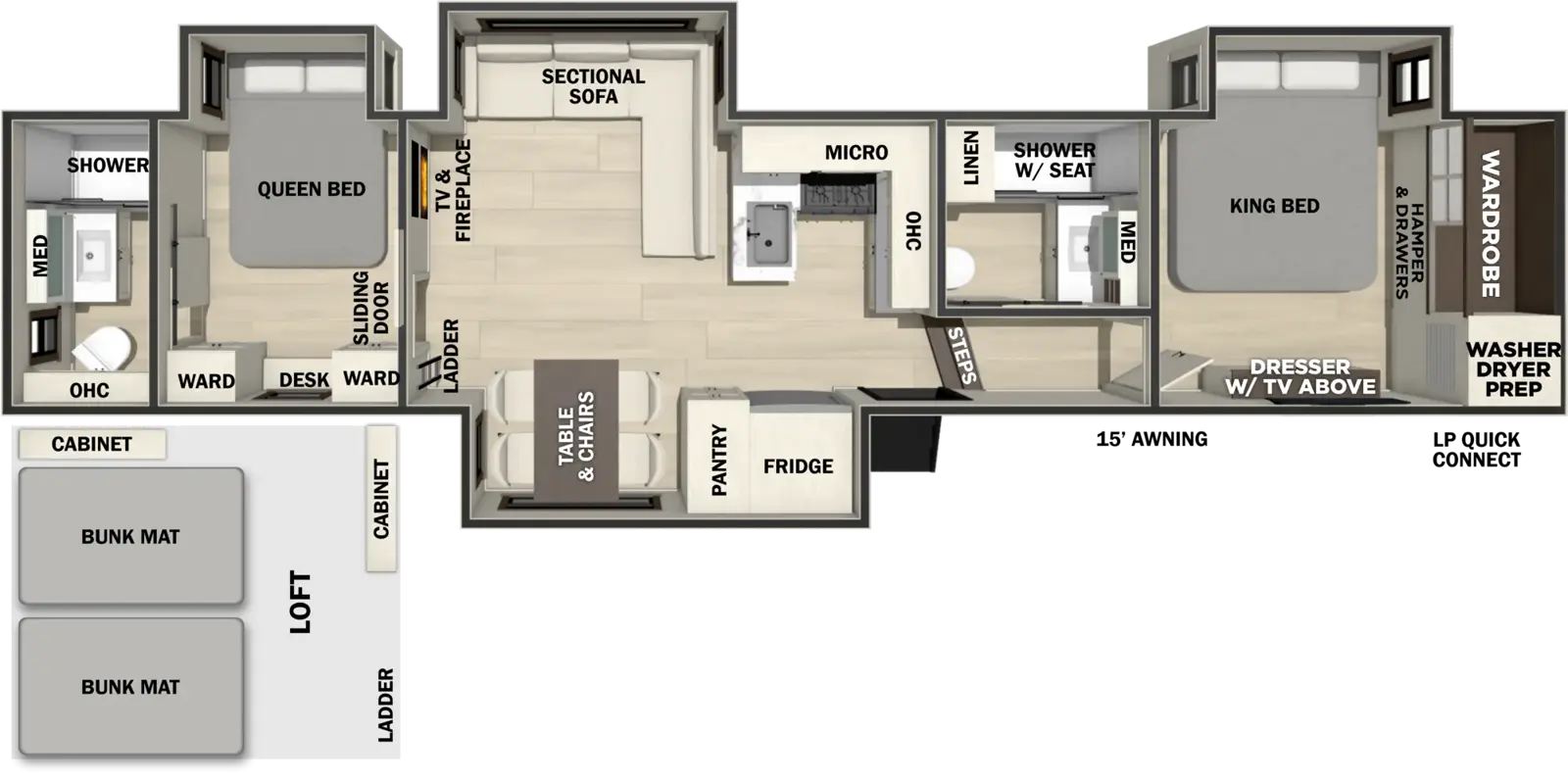 The Cedar Creek 380RB2 floorplan has one entry and four slide outs. Exterior features include: fiberglass exterior and 15' awning. Interiors features include: loft, free-standing dinette option, front bedroom, two bedrooms, rear bathroom and two full bathrooms.