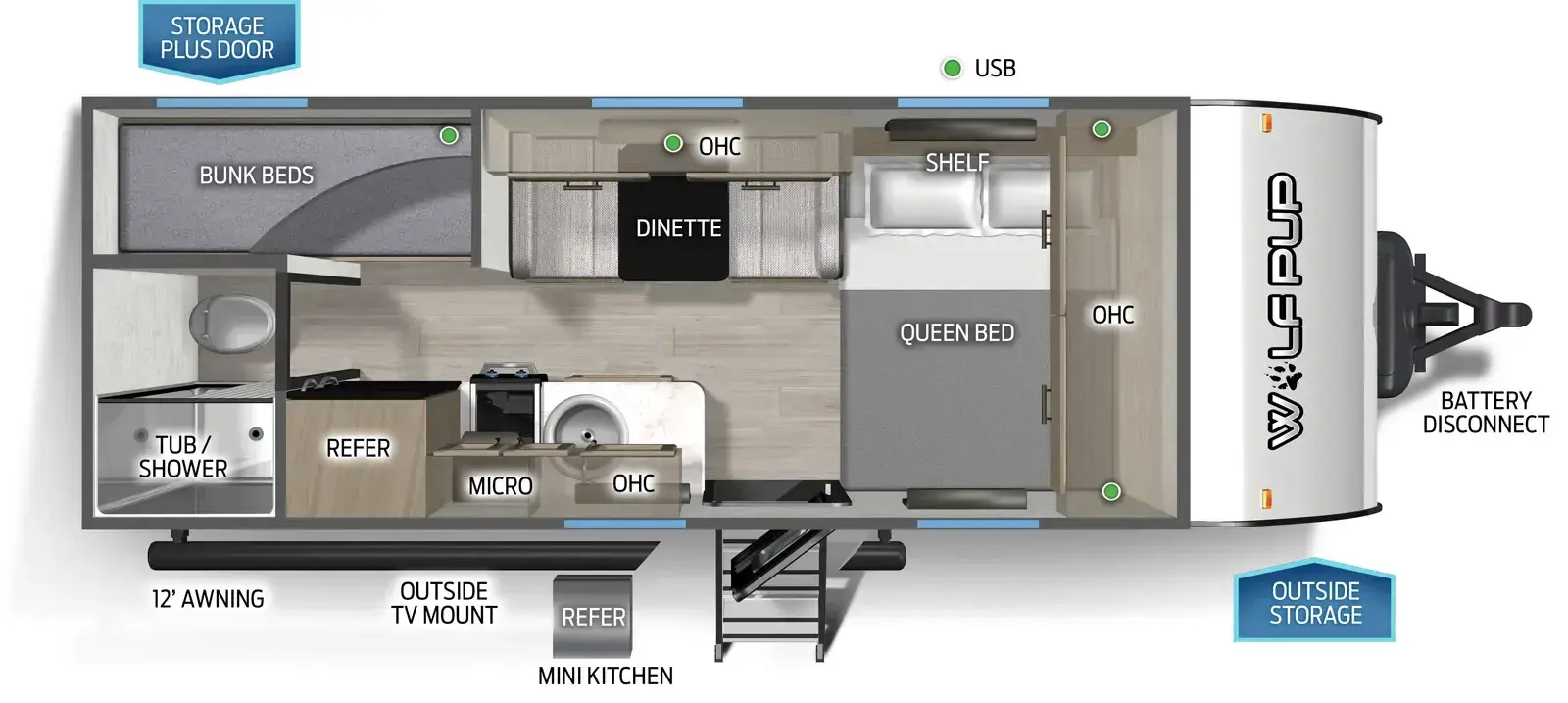 The Cherokee Black Label 16BHSBLW floorplan has one entry and zero slide outs. Exterior features include: fiberglass exterior, 12' awning and outside kitchen. Interiors features include: bunk beds and front bedroom.