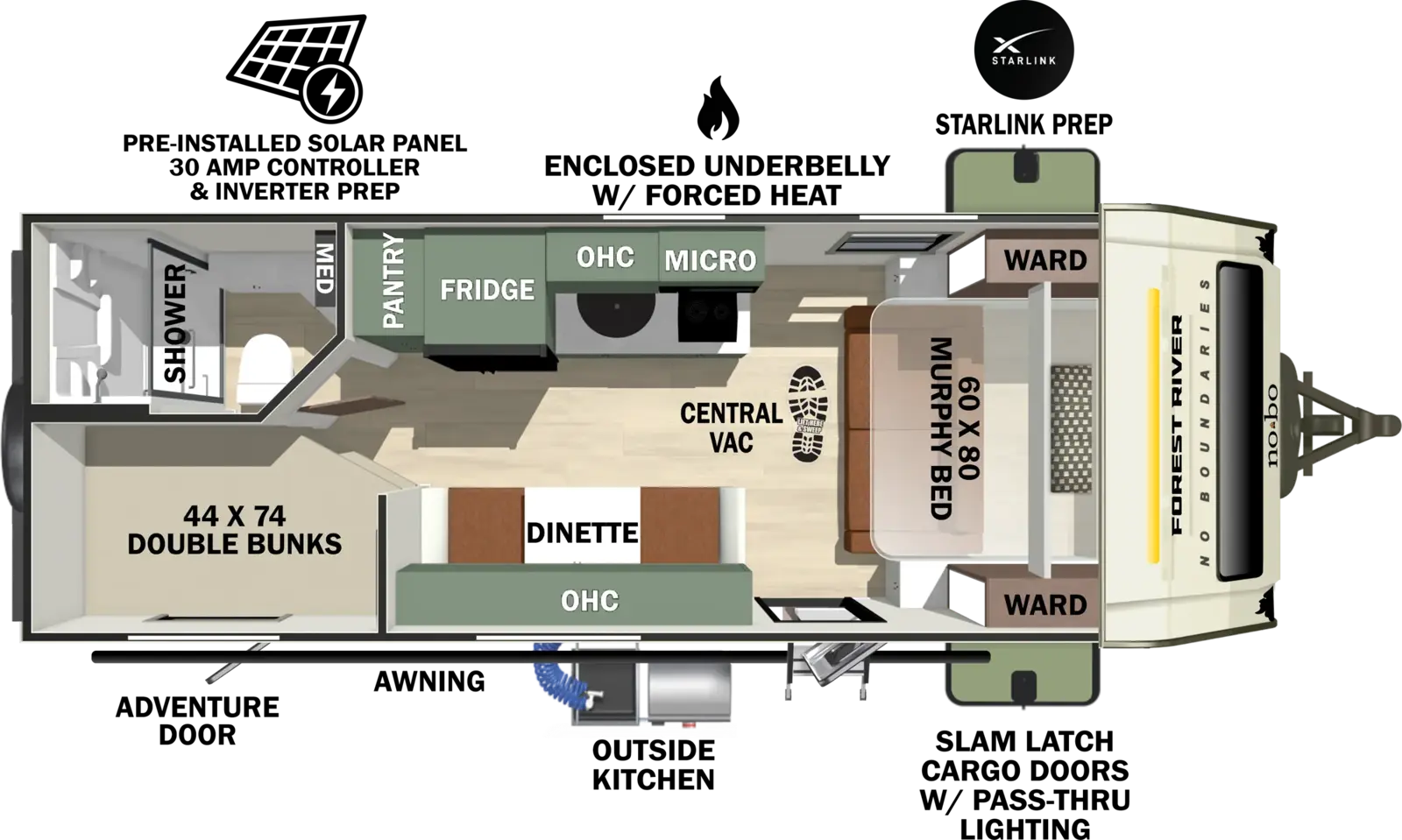 The No Boundaries NB19.3 floorplan has one entry and zero slide outs. Exterior features include: fiberglass exterior, 16' awning and outside kitchen. Interiors features include: bunk beds and murphy bed.