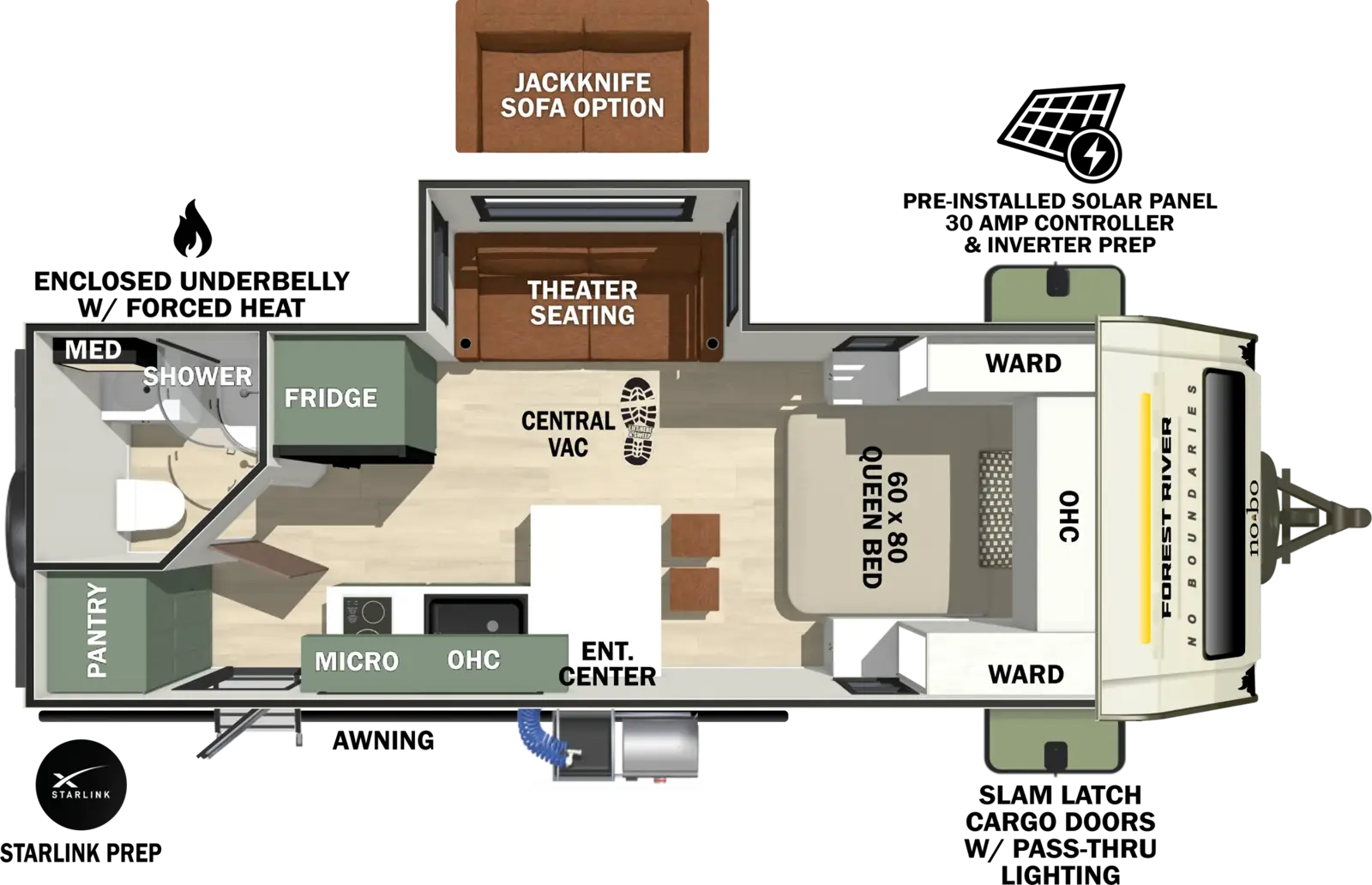 The No Boundaries NB19.6 floorplan has one entry and one slide out. Exterior features include: fiberglass exterior, 16' awning and outside kitchen. Interiors features include: front bedroom.