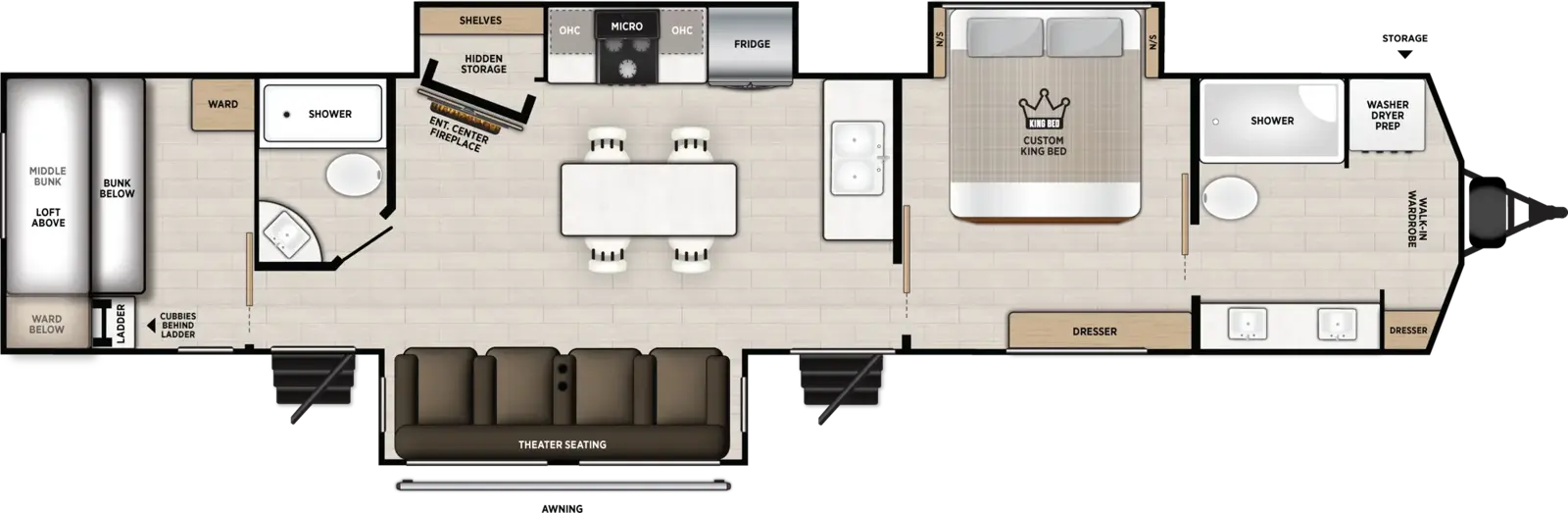 The Wildwood Lodge 43B2 floorplan has two entries and three slide outs. Exterior features include: metal exterior. Interiors features include: bunk beds, kitchen island and two full bathrooms.
