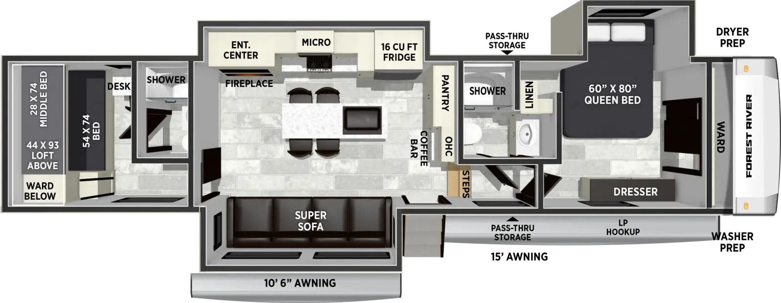 The Wildcat Fifth Wheels 35CRIB floorplan has one entry and three slide outs. Exterior features include: fiberglass exterior and 10'6" & 15' awning. Interiors features include: bunk beds, kitchen island, front bedroom and two full bathrooms.
