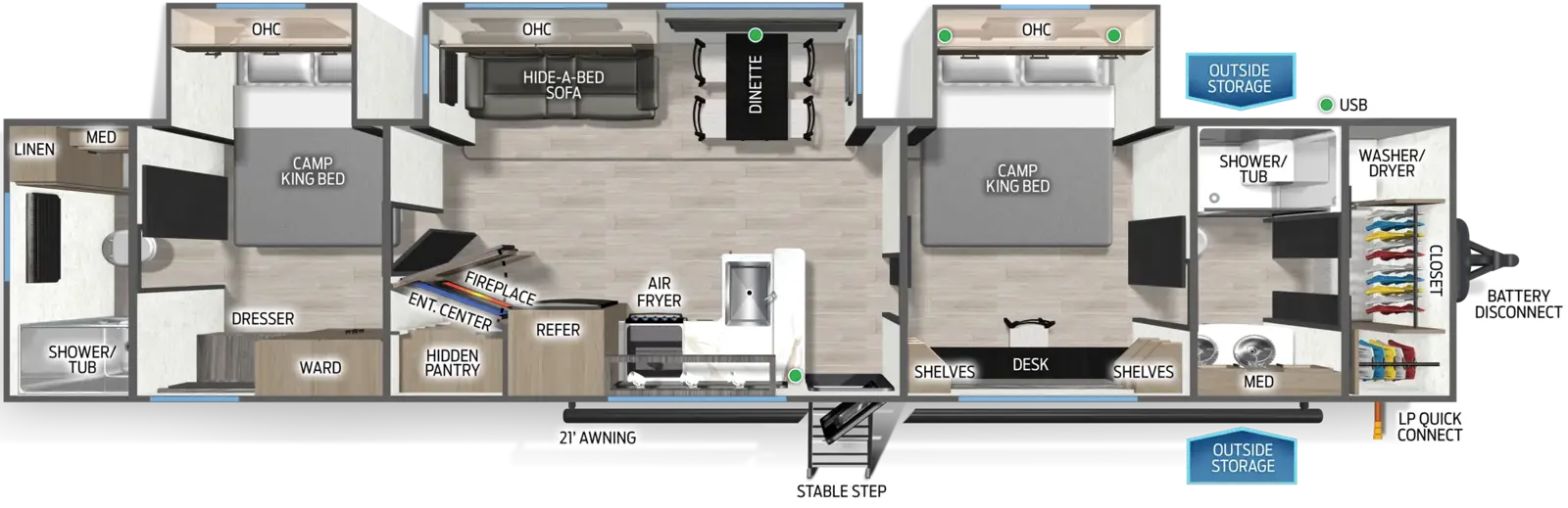 The Campsite Reserve 39IB floorplan has one entry and three slide outs. Exterior features include: metal exterior and 21' awning. Interiors features include: free-standing dinette option, two bedrooms, rear bathroom and two full bathrooms.