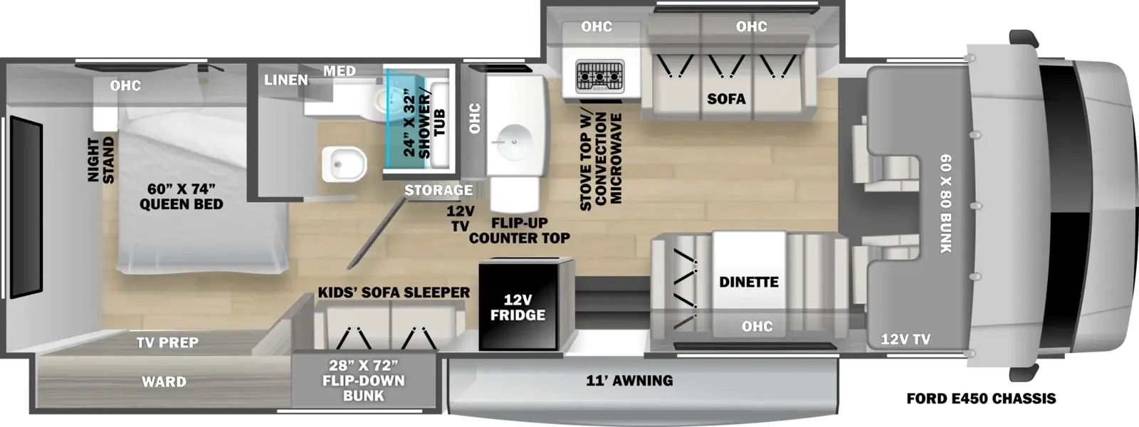 The Solera 3252DSF floorplan has one entry and two slide outs. Exterior features include: 11' awning. Interiors features include: bunk beds, rear bedroom, bunk over cab and dinette.