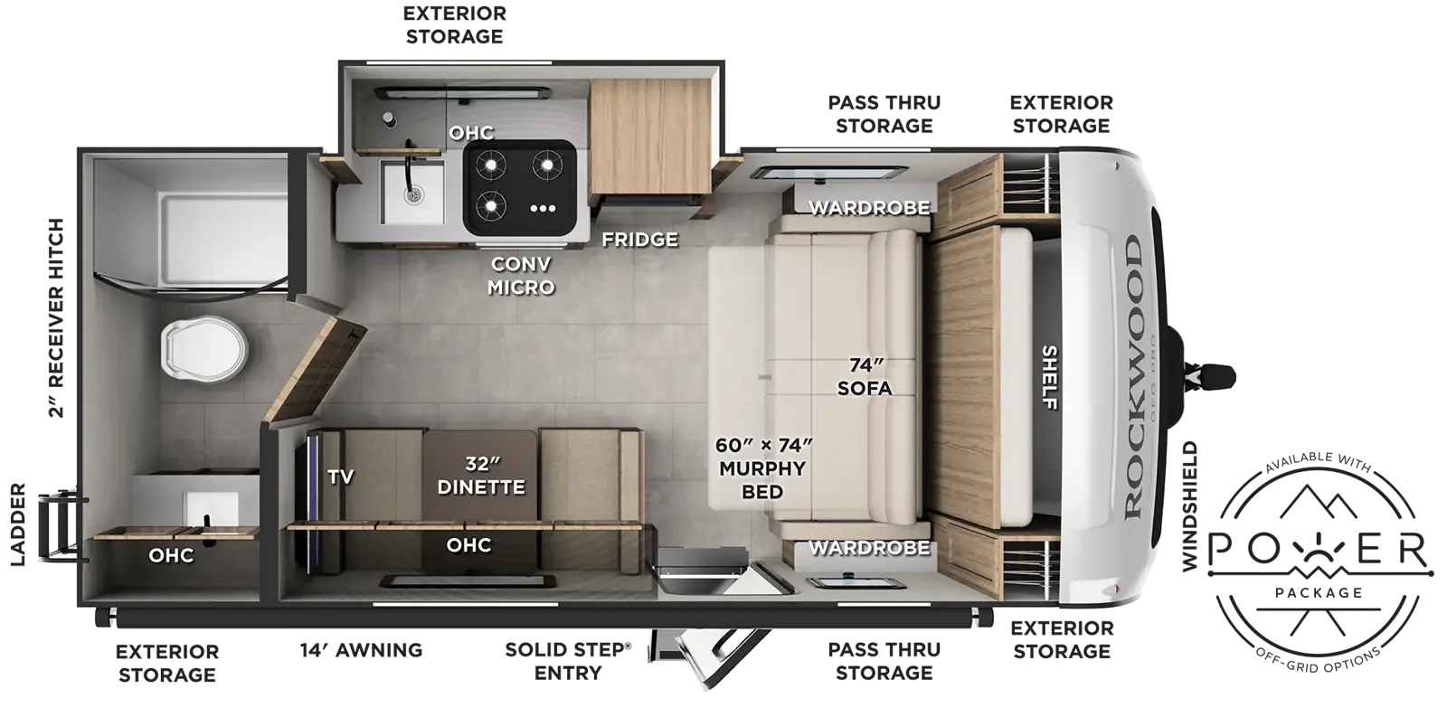 The Rockwood Geo Pro G19SFD floorplan has one entry and one slide out. Exterior features include: fiberglass exterior and 14' awning. Interiors features include: murphy bed and rear bathroom.