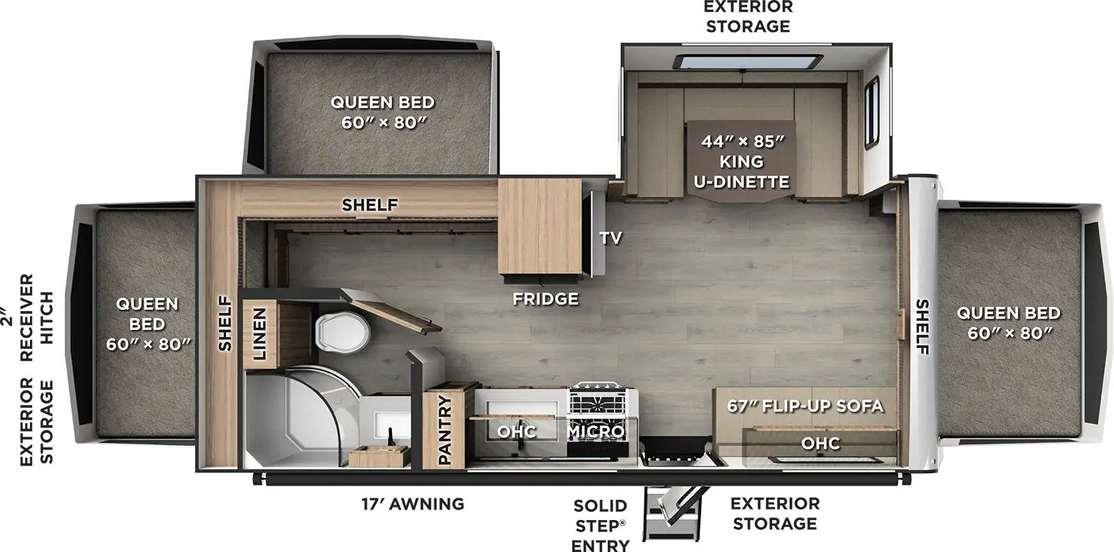 The Flagstaff Shamrock 233S floorplan has one entry and one slide out. Exterior features include: fiberglass exterior and 17' awning. 