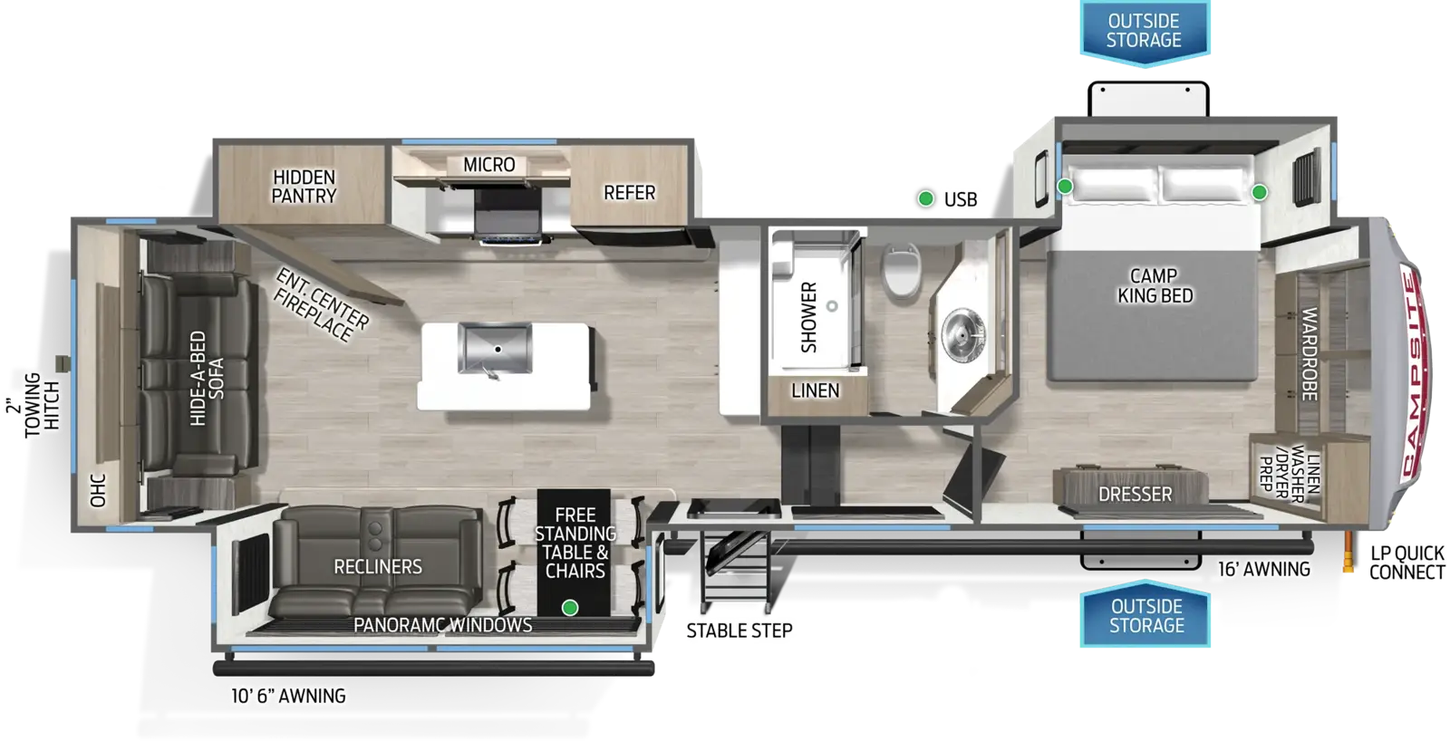 The Campsite Elite 32BAM floorplan has one entry and three slide outs. Exterior features include: metal exterior and 10'6" & 16' awning. Interiors features include: kitchen island, free-standing dinette option, front bedroom and rear living.